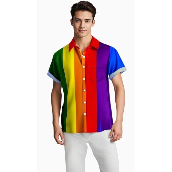 ❤️Men Rainbow Print Short Sleeve  Hawaiian Fit Casual Button Down Beach Shirts - Picture 7 of 8